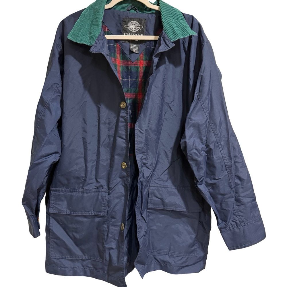 🧥‎ Vintage Charles River Apparel Navy Plaid Lined Utility Jacket Size Large